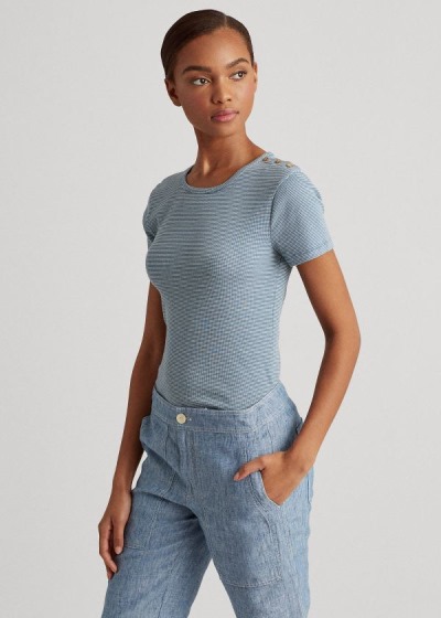 Women's Ralph Lauren Button-Trim Striped Cotton Tops | 095362NZY